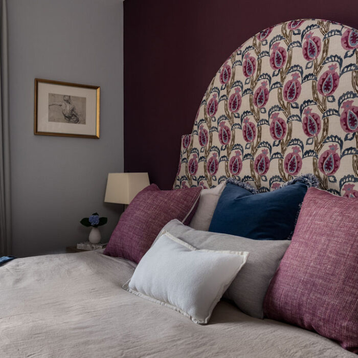 farrow and ball brinjal with custom headboard in William Yeoward print