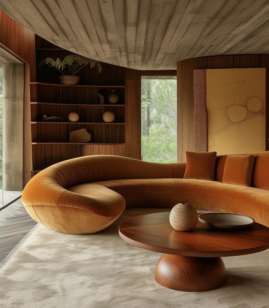 Interior designed living room using curves and earth tones
