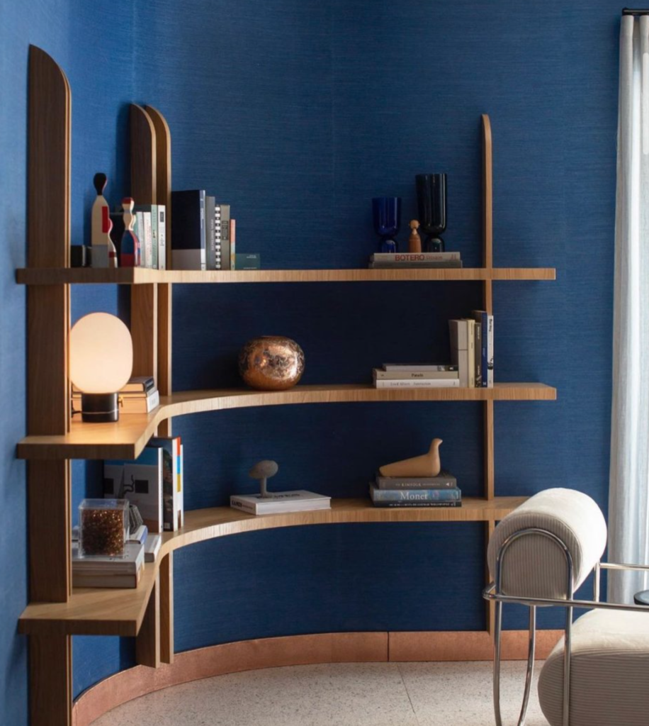 Cobalt blue home office with mid century inspired style
